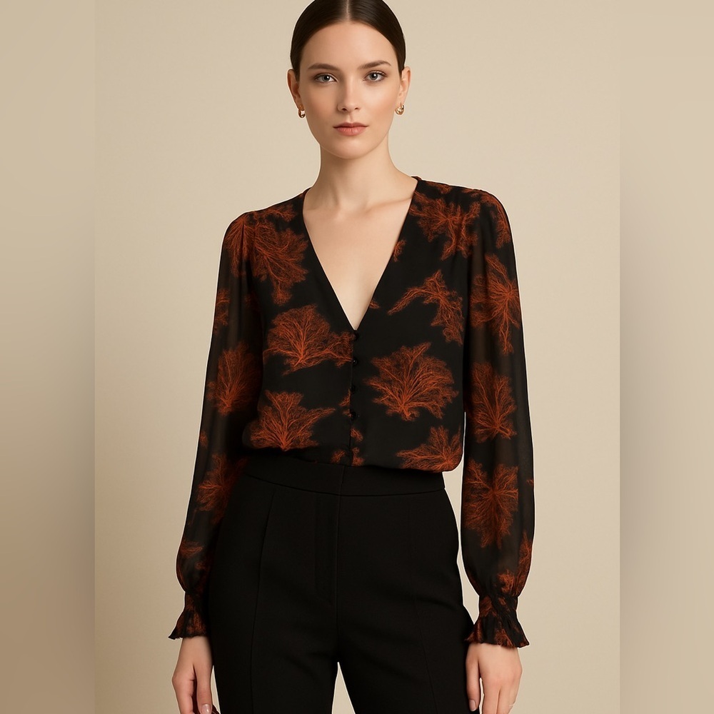 Karina Grimaldi Chelsea silk blouse black print balloon sleeve Size XS